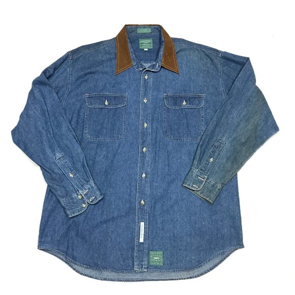 VTG Baxter Brand Workshop Denim Leather Collar Button Cotton Work Shirt Mens L - Picture 1 of 7